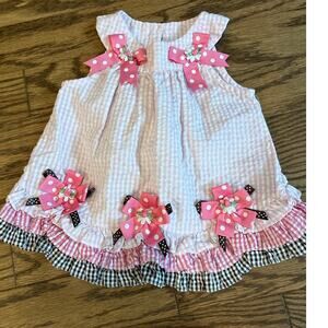 Rare Editions 2T Pink Seersucker Dress Polka Dot Bows Floral Ruffle Hem Boutique